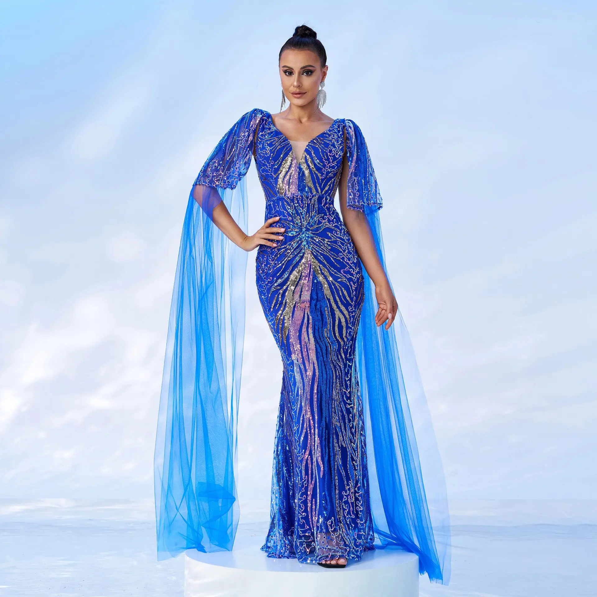 

Women Vestido De Festa Long Sleeve V Neck Backless Blue Sequined Cocktail Ball Gown Prom Evening Party Long Maxi Dresses Hot