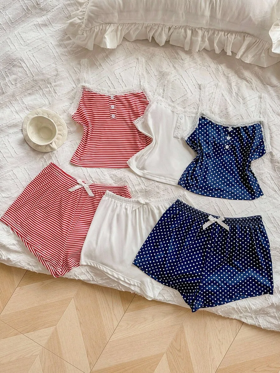 6-Piece Womens Sleep Set: Red Stripe, Polka Dot & White Camisoles With Lace Trim And Bow-Adorned Elastic Shorts