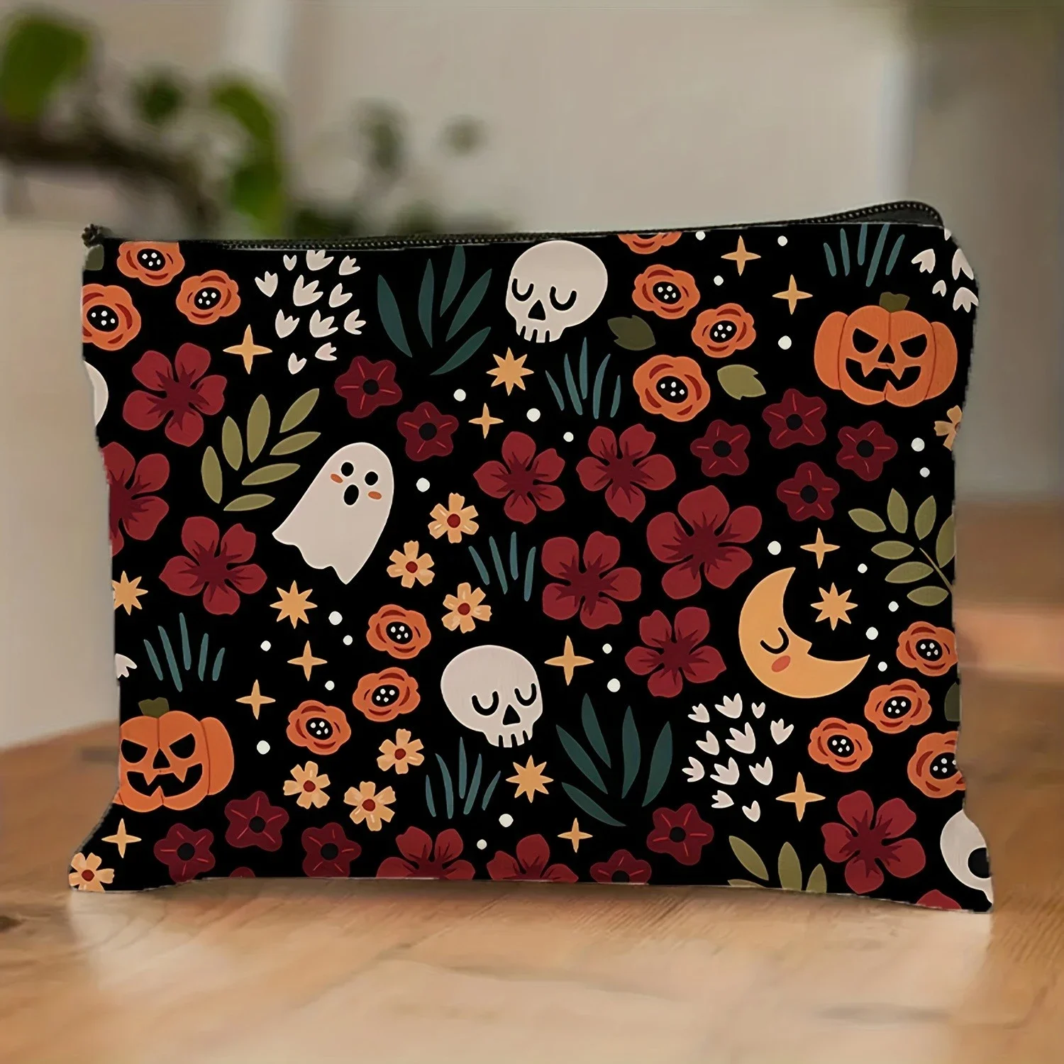 1pc Halloween Makeup Bag Spooky Pumpkin, Skull Floral Pattern Cosmetic Bag for Toiletries Holiday Gifts Cosmetic Storage Bags