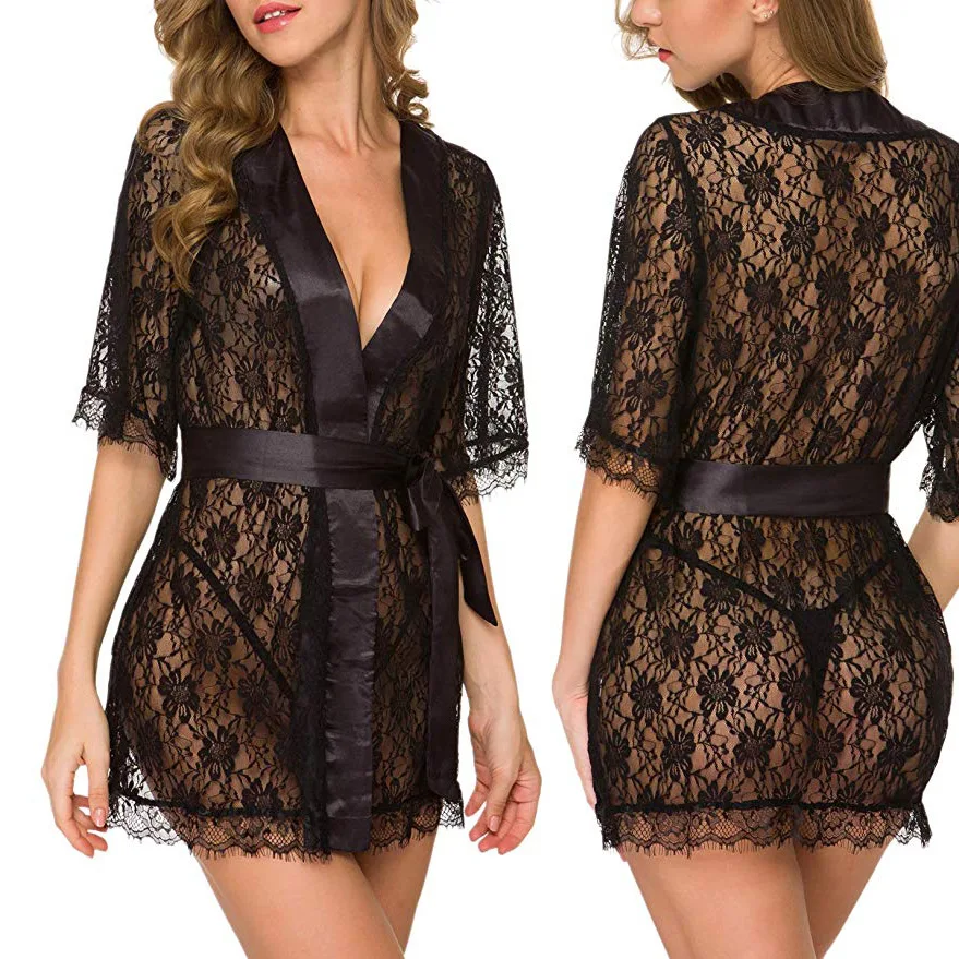 

New Hot Sexy Women Floral Lace Lingerie V-Neck Sheer Mesh Nightgown Comfortable Ladies Kimono Nightdress Sleepwear