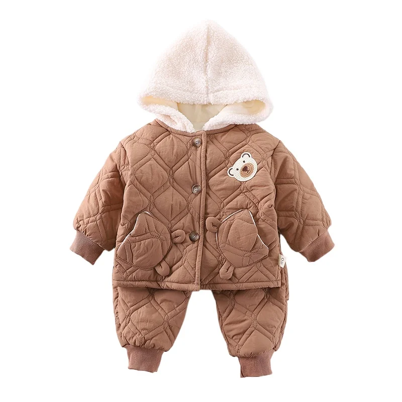 Traje de chaqueta con capucha gruesa y cálida para niños y niñas, ropa de moda para niños, pantalones para niños pequeños, traje para niños, nuevo, invierno, 2 piezas por juego