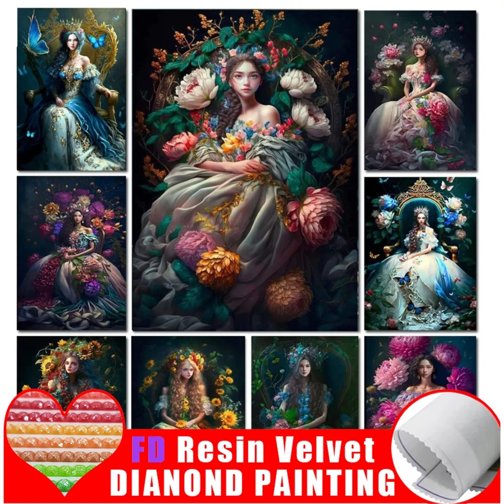 

FD Смола Полные дрели 5D Diy Алмазная картина Пион Подсолнух Цветы Фея Девушка Моссак Элегантная невеста Ювелирные изделия с вышивкой
