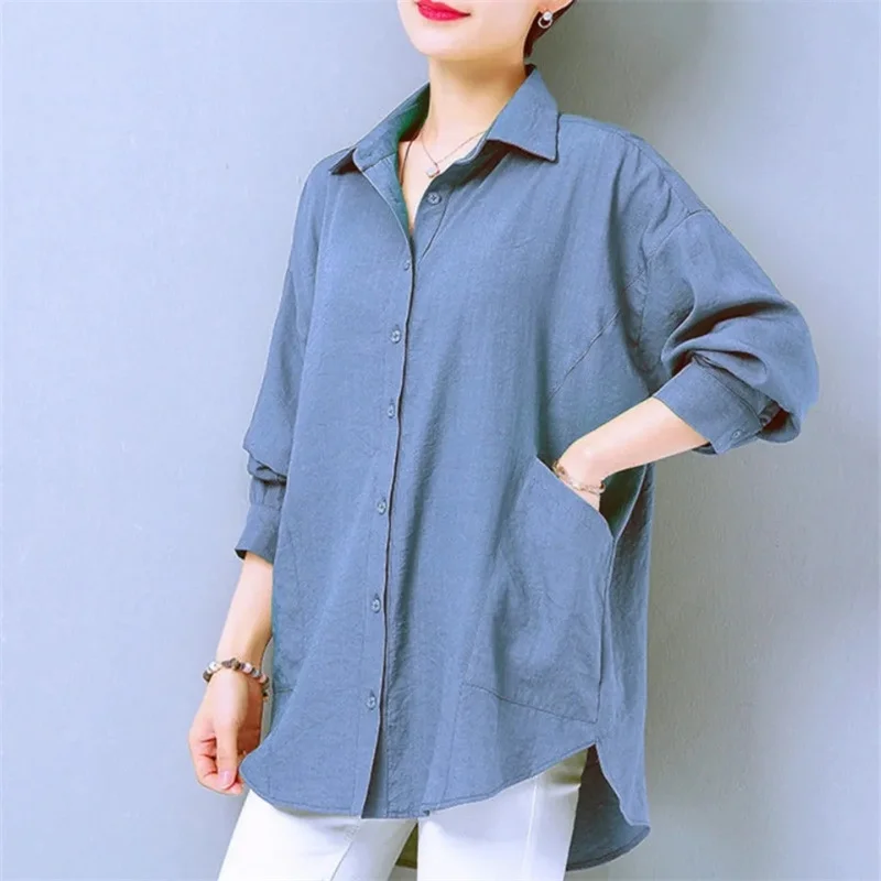 Cotton Long-Sleeved Shirt Women's Mid-Long Shirt 2022 New Loose Fashion Temperament Mother's Shirt Cardigan Thin Coat Sunscreen