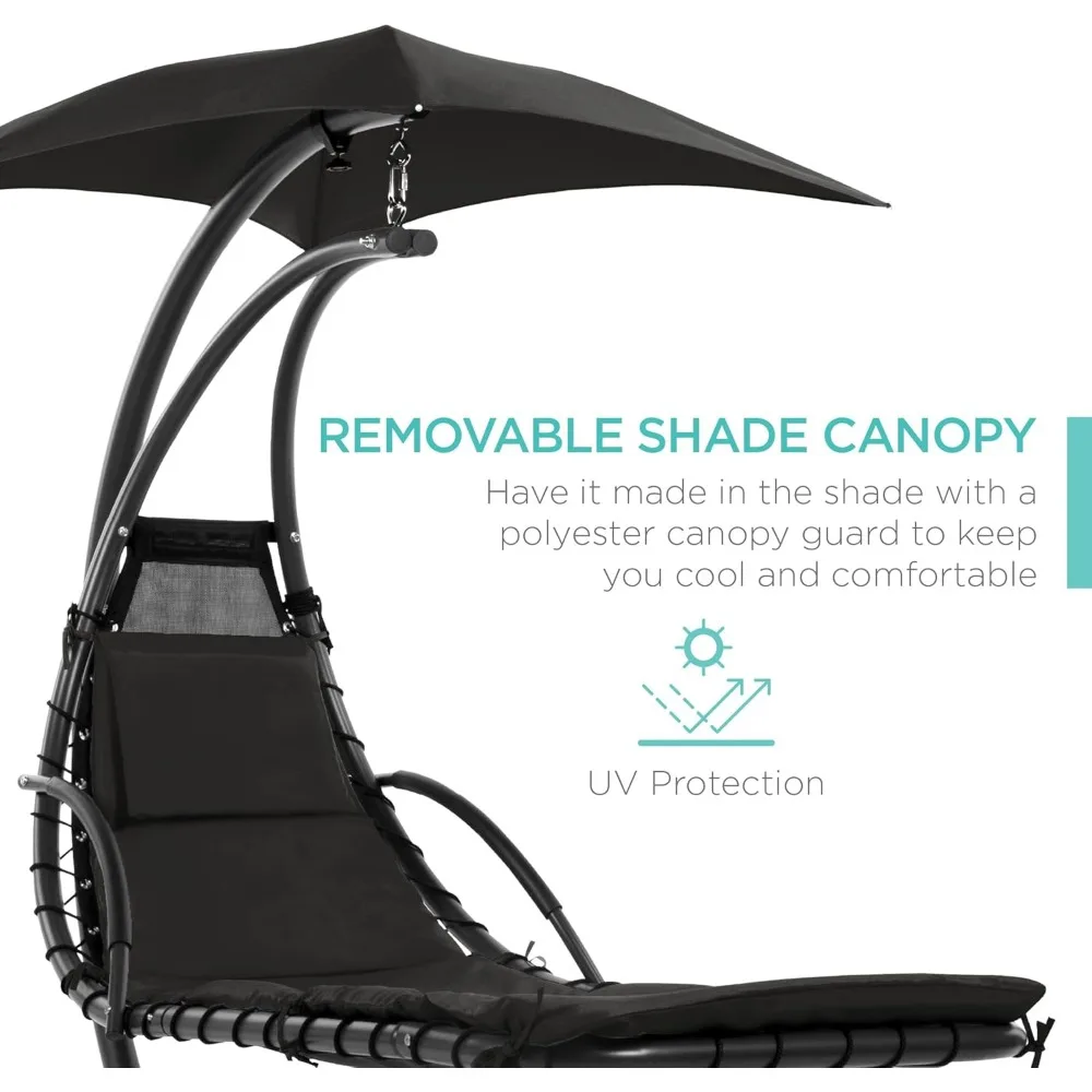 Outdoor Hanging Curved Steel Chaise Lounge Chair Swing w/Built-in Pillow and Removable Canopy