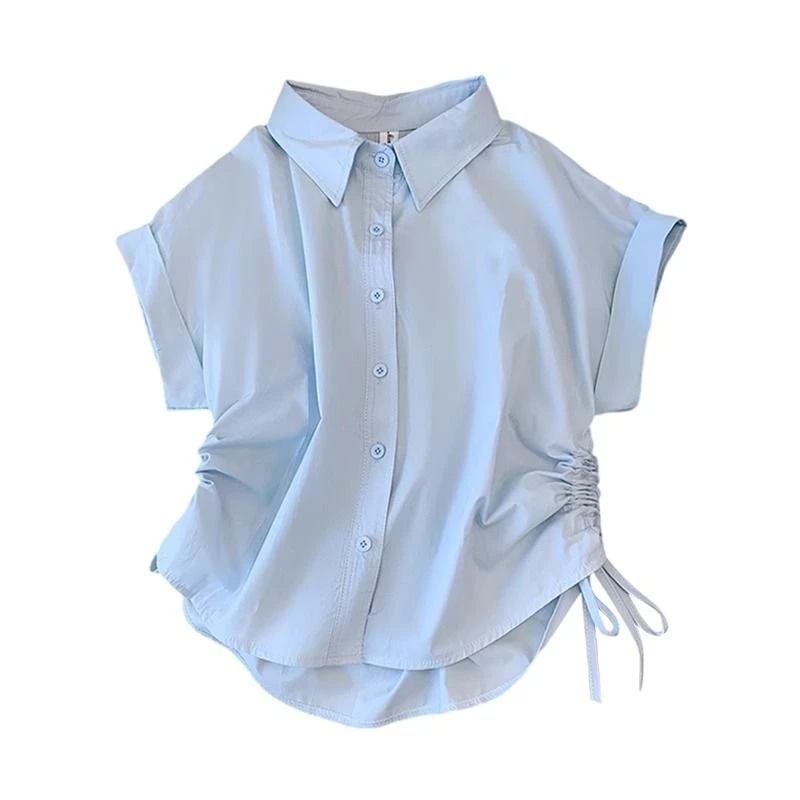 Drawstring Polo Neck Solid Short Shirt Tops Short Sleeve Irregular Youth Fashion Blouse Summer New Casual Korean Women Clothing