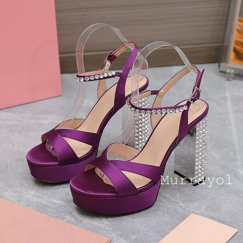 Sandals Silk Satin Platform Sandalias Mujer Women Rhinestone Decor Chunky High Heels Summer Party Dress Shoes Wedding Shoes view 4