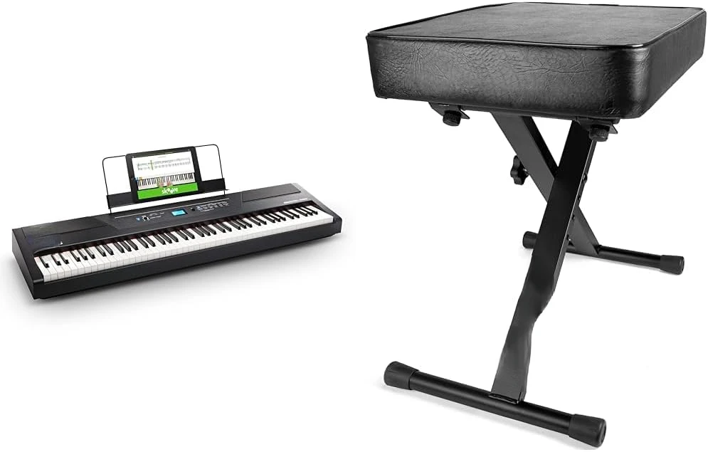 88 Key Digital Piano Keyboard with Hammer Action Weighted Keys & RockJam KB100 Adjustable Padded Keyboard Bench