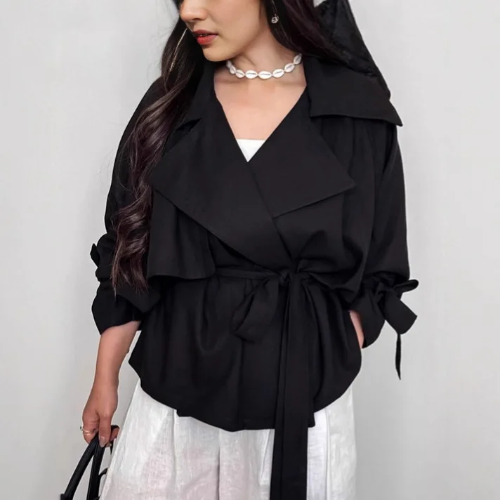 

Lace Up Autumn Women's Trench Coat Turn Down Collar Waist-cinching Spliced Jacket For Lady Korean-style Chic Female's Outwear