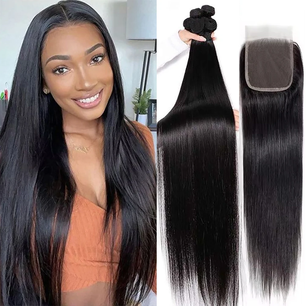 Straight Human Hair Bundles and Closure 4x4 5x5 6x6 Brazilian Raw Hair Weave Bundles 100% Human Hair Thick Soft 3-7 Day Delivery