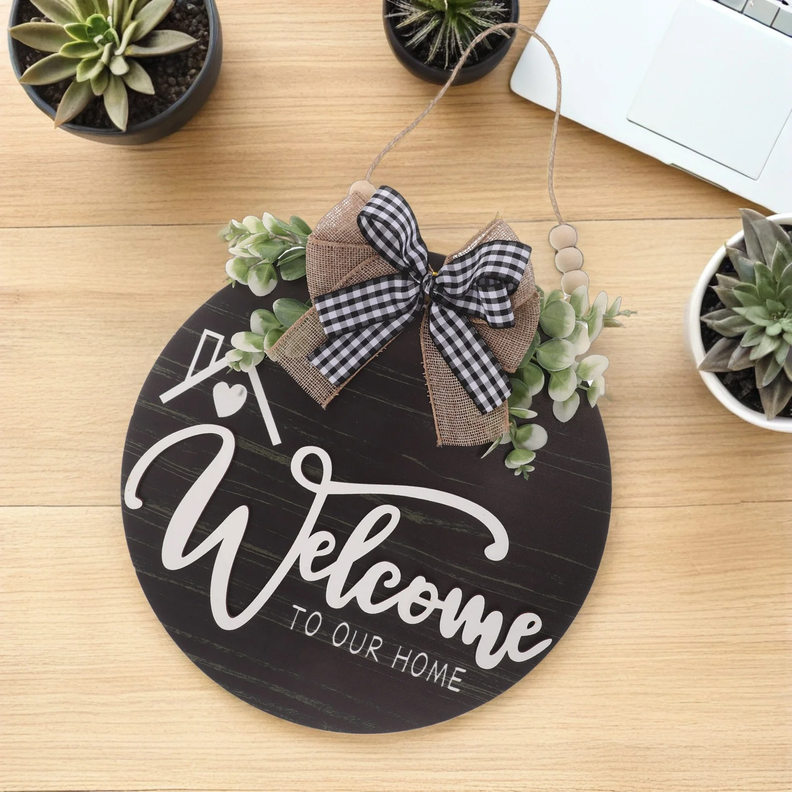 

Round Wooden Hanging Sign 3D Welcome Design Farmhouse Wreath Door Hanger Bow Accent Home Outdoor Decor
