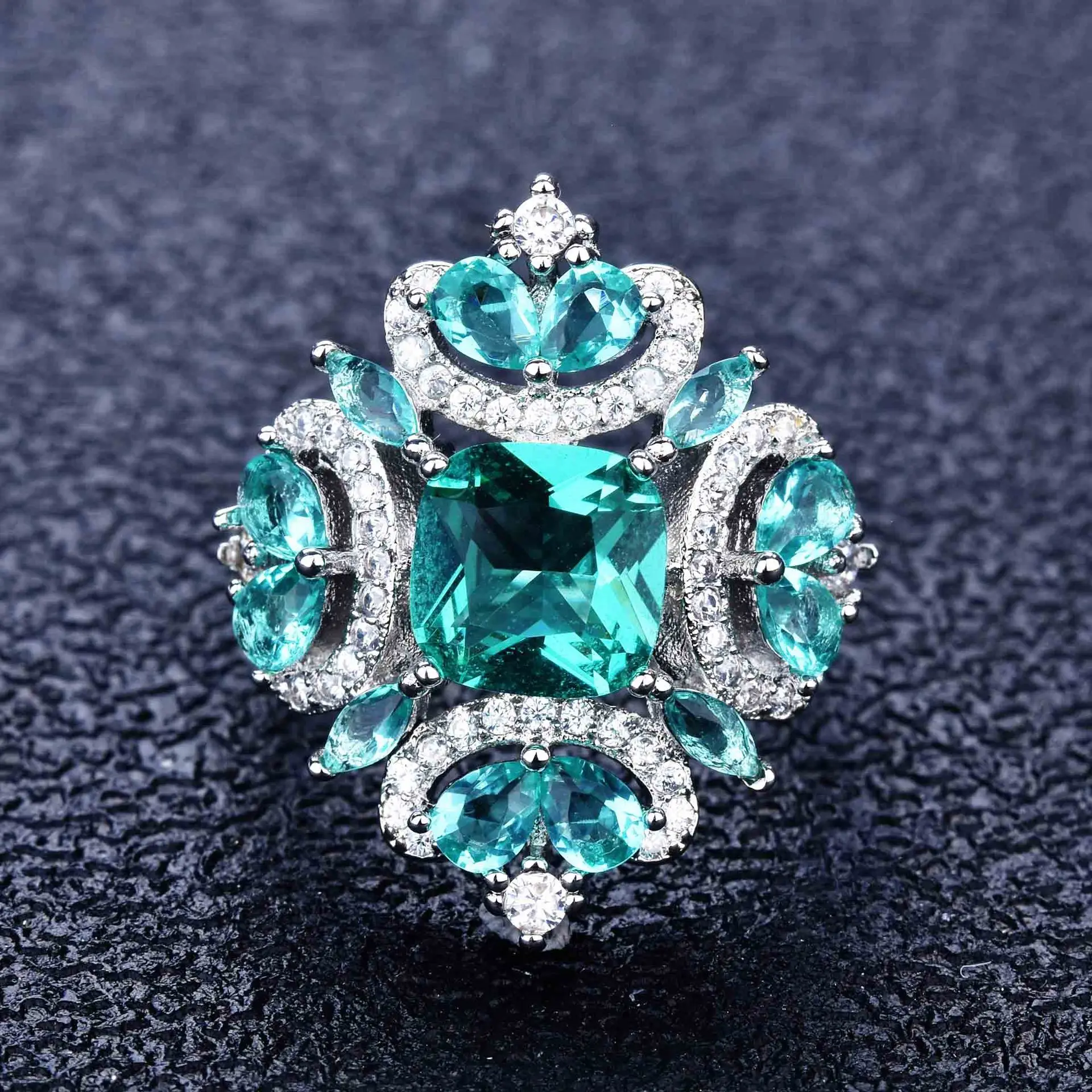 Luxury Geometric Shapes Paraiba Tourmaline Gemstone Silver Color Women\'s Ring Temperament Ladies Trendy Vintage Jewelry