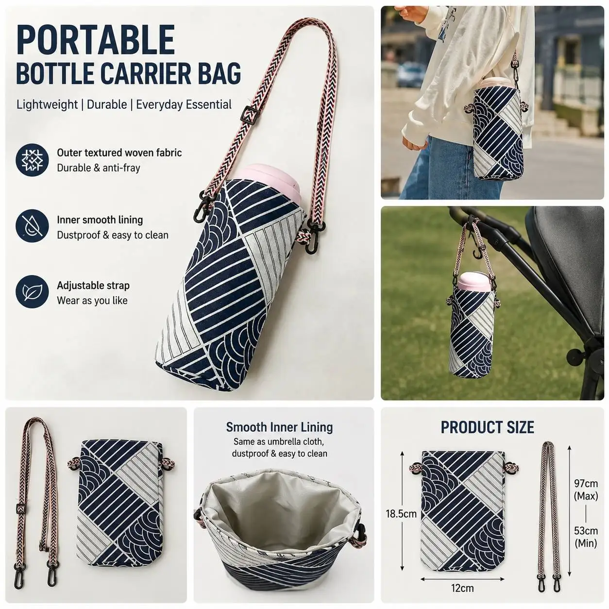 1pc Adjustable Bottle Carrier Bag/Polyester Canvas Water Bottle Pouch with Shoulder Strap/Dustproof Anti-Fray Cup Holder