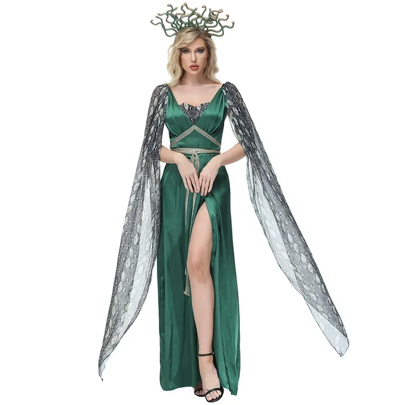 Halloween Dark Green Serpentine Print Slit Dress Myth Siren Medusa Costume