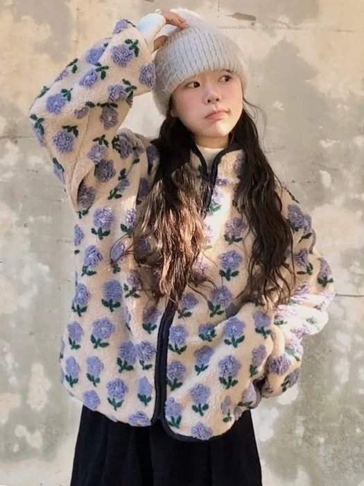 

Chic Winter Lamb Velvet Jaet Women's Sli Age-Defng Warm Cotton Coat Fluffy 3D Flower Embroidery Aospheric Feel