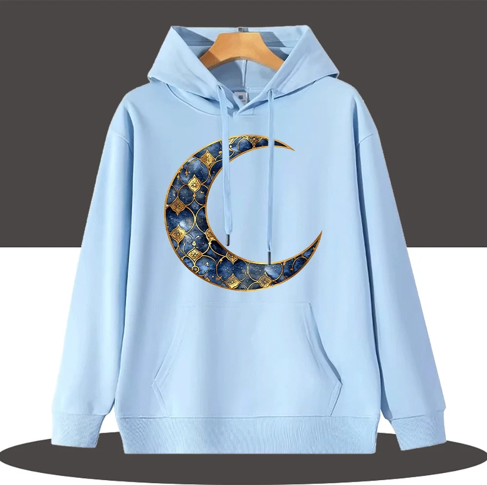 

Elegant Moon Pattern Family Matching Sweatshirts for Al-fitr Festival, Stylish Parent-Child Outfits with Intricate Blue and Gold