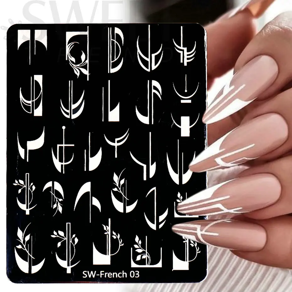 French Nail Art Stamping Plate Drawing Template Geometric Stripe Line Flower Love Lace 3D Image Stencil Mold Printing Tool BESW