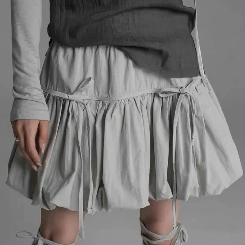 Korean Lace-up Pleated Mini Skirts for Women Solid Ruffles Bowknot Short Dress Loose A-line Streetwear Summer 2024