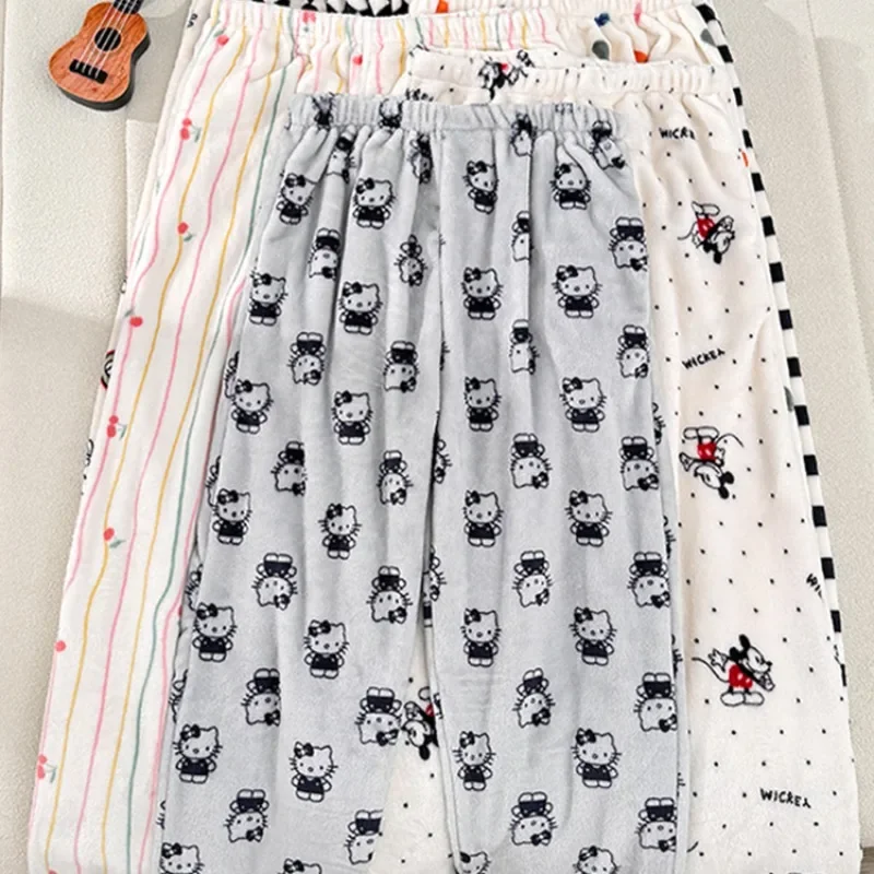 Soft Hello Kitty Kawaii Plush Pajamas Pants Fashion Women Autumn Winter Thickened Coral Velvet Plus Size Flannel Home Trousers