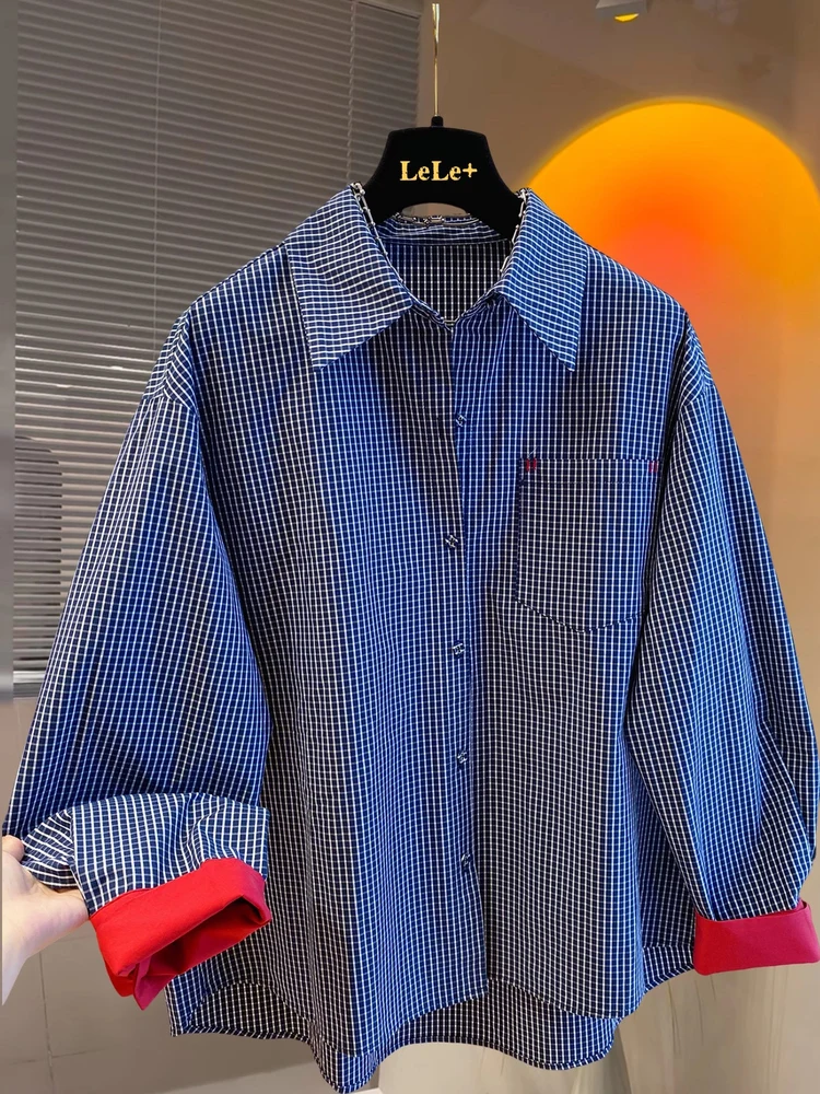 

plus Size Women's Plaid irt Loose Fit Long Sve Thin Sle Autumn Faion Retro Color Blo Design Korean Version Office ...