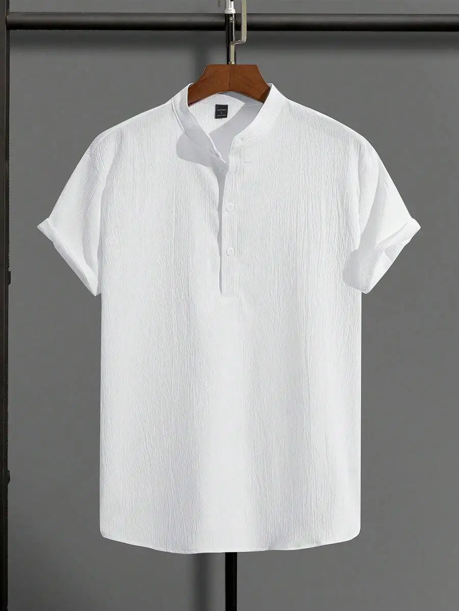 

Men's White Short Sleeve Casual Half-Placket Shirt with Crinkle Texture