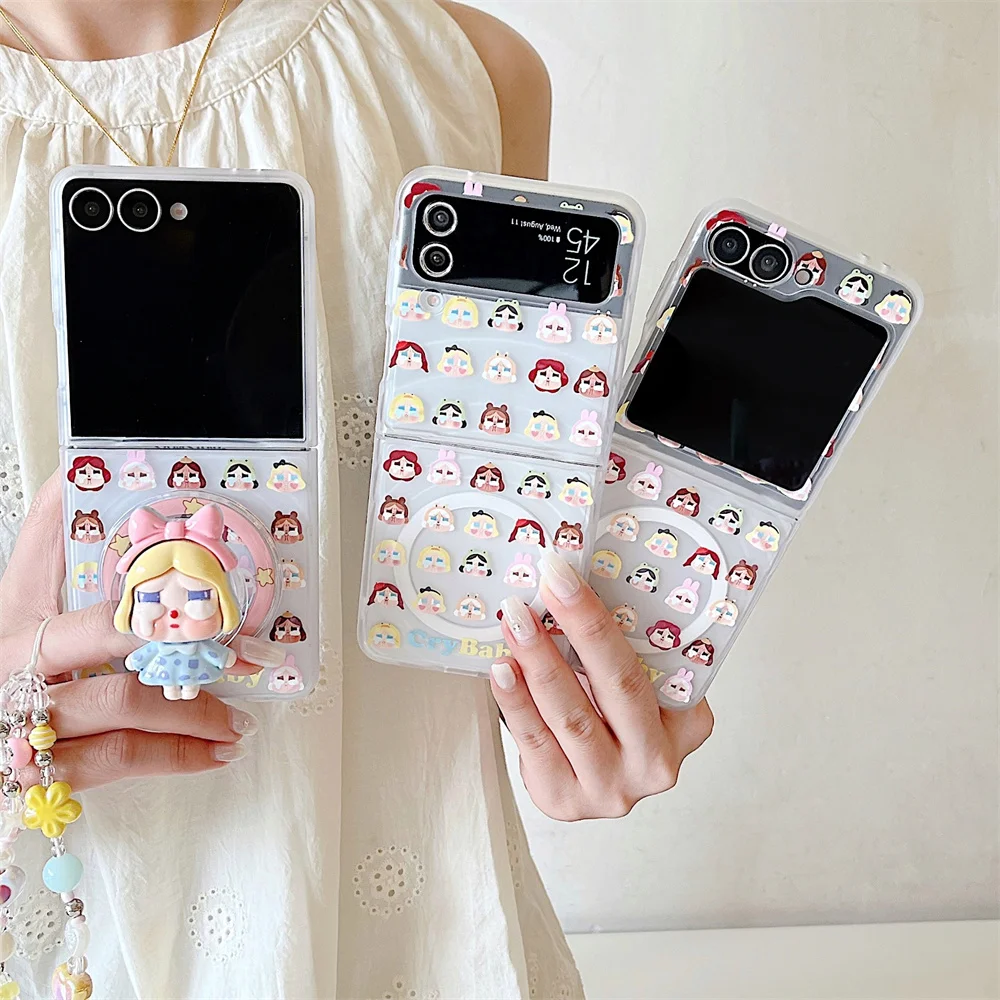 

Korean Cute star Funny cartoon Magnetic Stand Phone Case For Samsung Galaxy Z Flip 7 6 5 4 3 Cover with Chain Kawaii Hard Cases