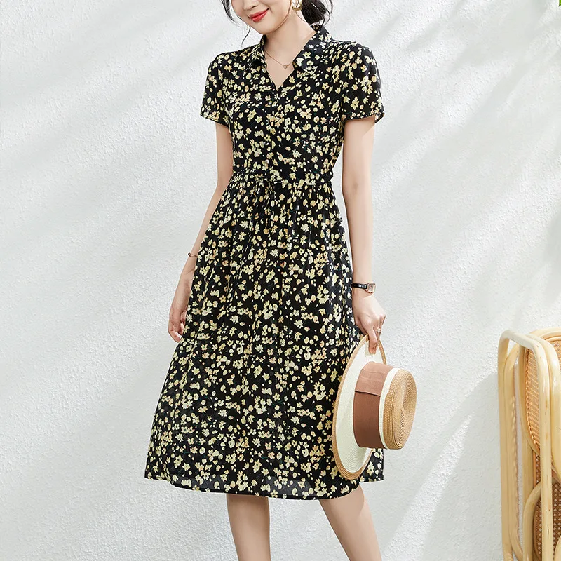 Birdtree 100%Mulberry Silk Slim Long Shirt Dress New Black Floral Printed Temperament V-Neck Slim Dress 2023 Summer D37604QD