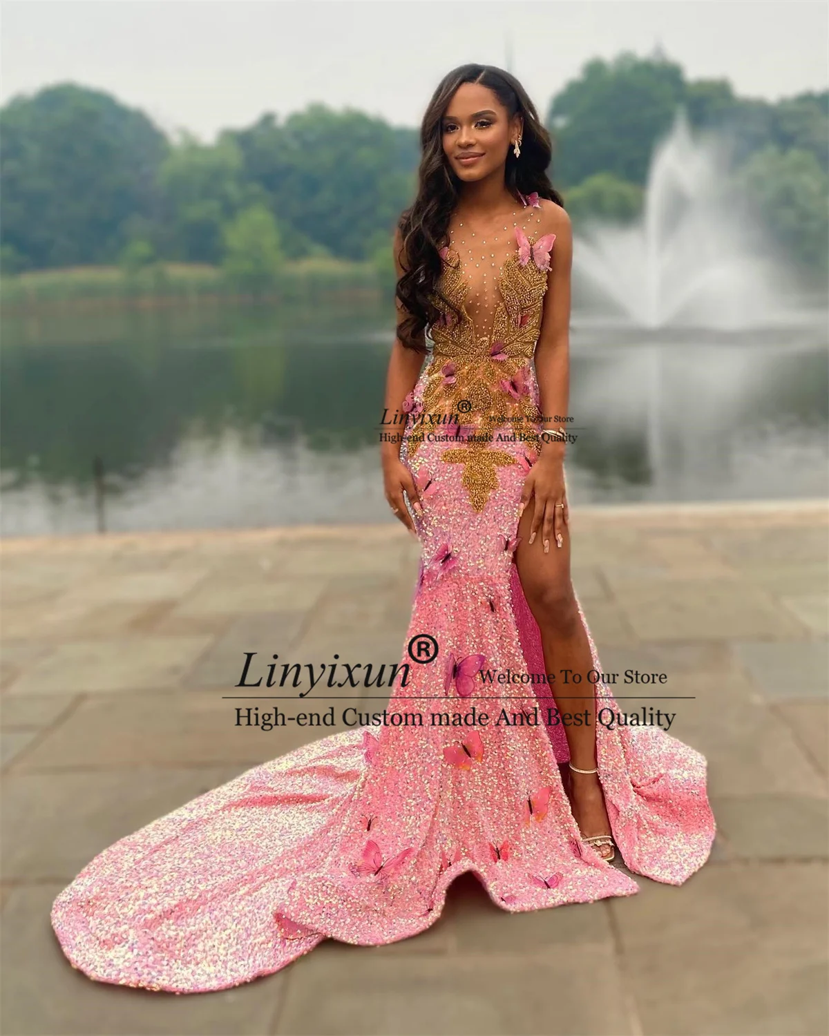 Luxury Diamonds Prom Dress Sparkly Rhinestone Crystal Butterfly Formal Evening Party Gown Black Girl Side Slit robes de soirée