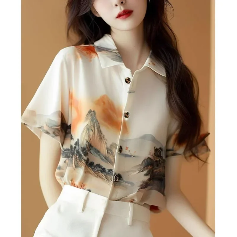 

Vintage Niche Design Sense Landscape Painting Printing Chiffon Shirt All-match Casual Short Sleeve Light Luxury Fashion Tops