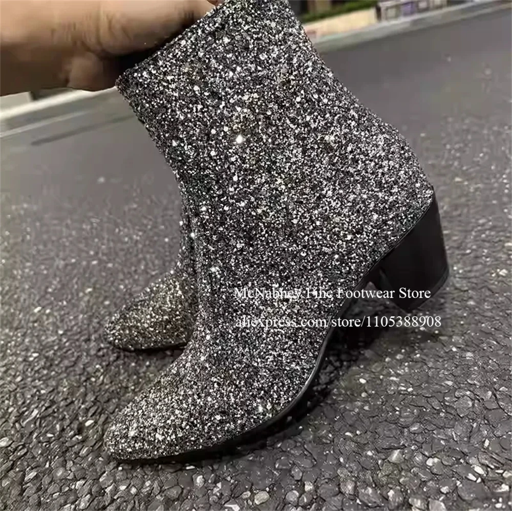 

Silver Glitter Ankle Boots Handmade Pointed Toe Block Heel Side Zipper Men Casual Shoes for Streetwear Party Nightclub Plus Size