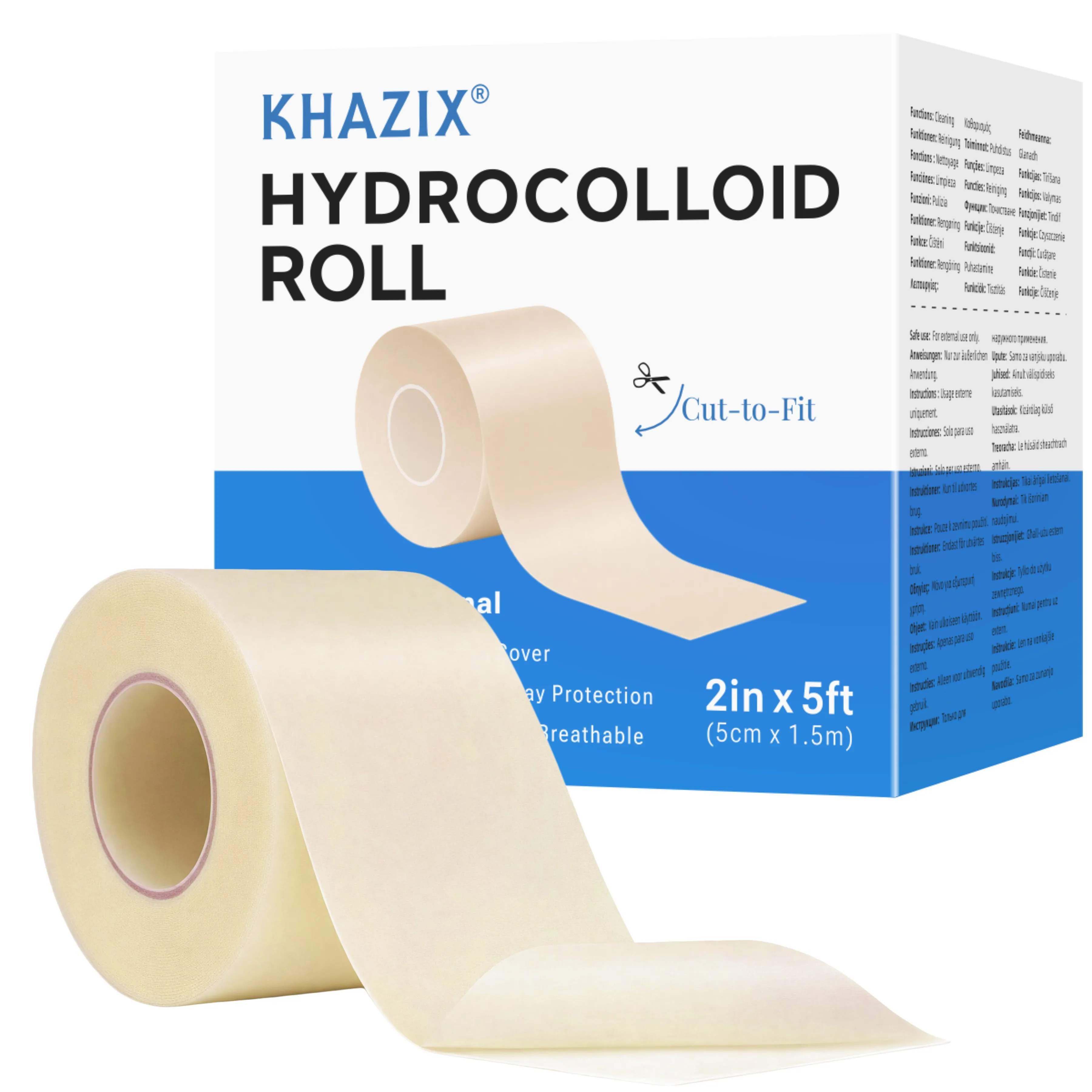 KHAZIX Hydrokolloid-Verbandrolle 2 Zoll x 5 Fuß, zuschneidbarer Wundverband, atmungsaktive Hautabdeckung