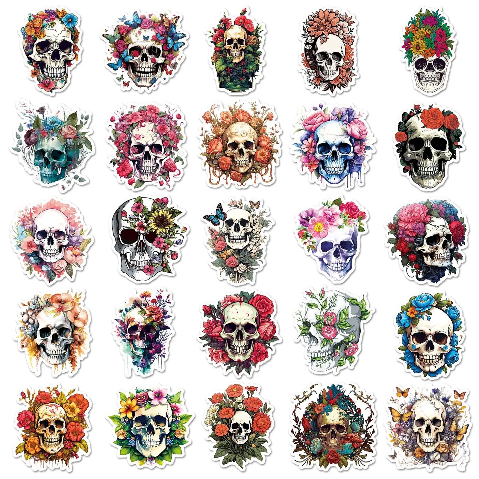 10/50pcs Punk Style Skull Flowers Stickers Aesthetic Graffiti Decals For Fidge Motorcycle Luggage PVC Waterproof Cool Sticker