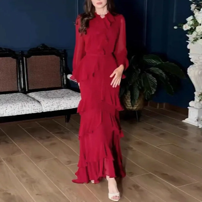 Moda manga longa vestido de outono feminino elegante o pescoço em camadas plissado vestido de noite casual sólido chiffon irregular maxi vestidos