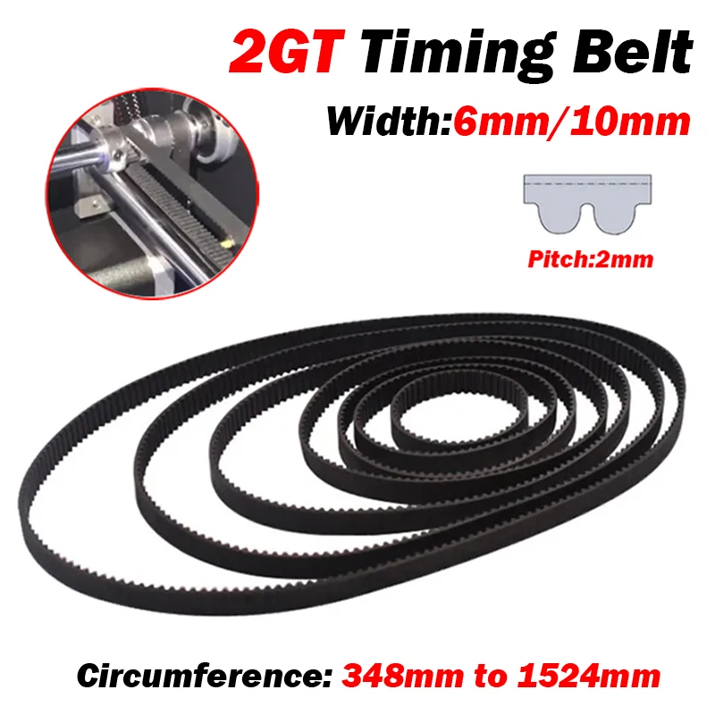 2GT Rubber Timing Belt Closed Loop Pitch 2mm Width 6mm/10mm Loop Circumference 348mm to 1524mm for CNC, 3D Printer