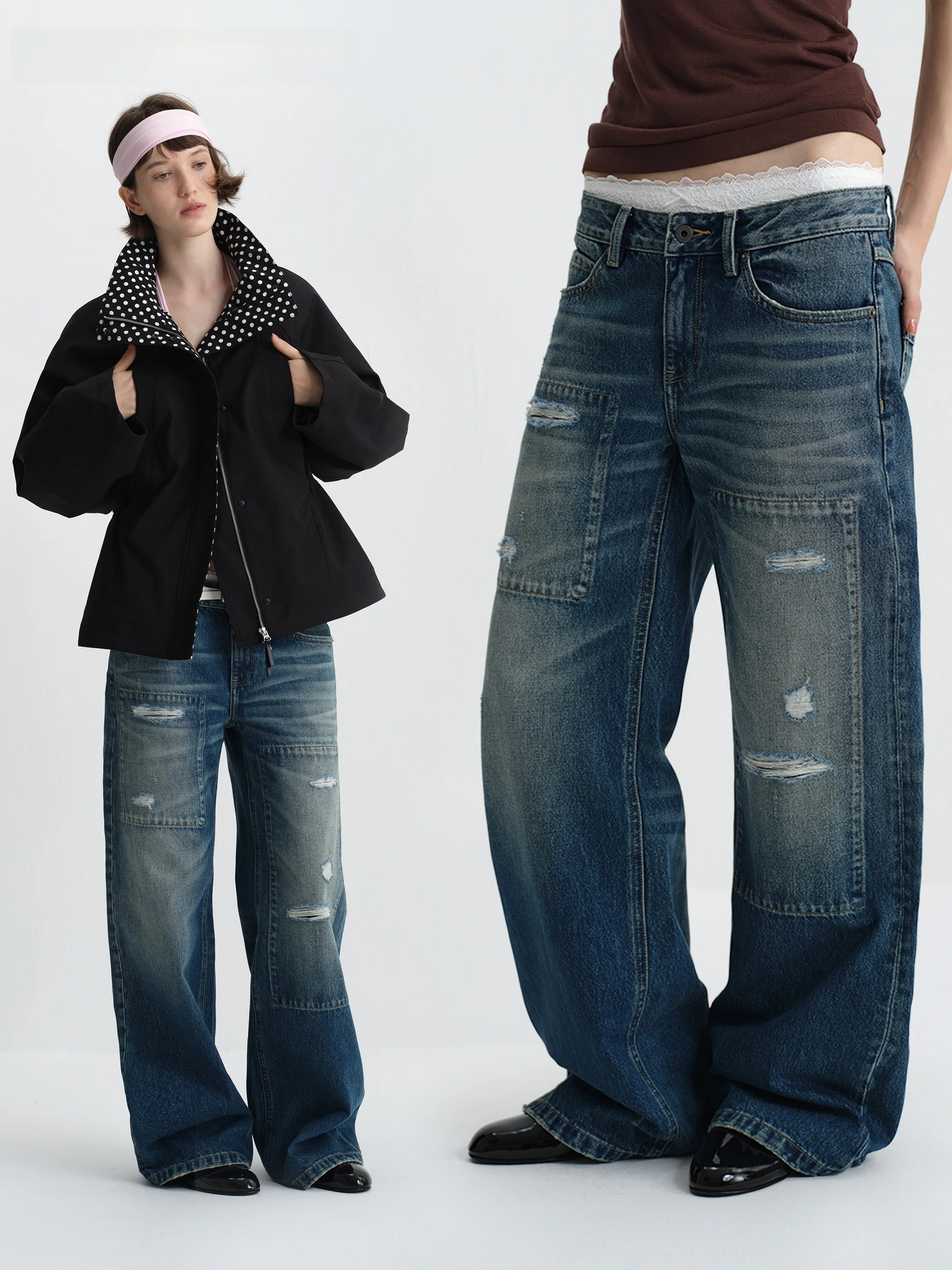 

Джинсы True by Nature Vintage с эффектом потертости, пэчворк, с дырками, с низкой посадкой, свободные, прямого кроя, из хлопка, на молнии, эксклюзивный дизайн