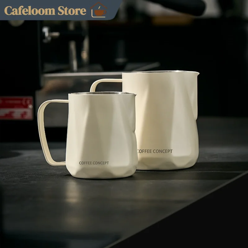 Coffee Concept Diamond Latte Art Pitcher Stainless Steel Milk Frothing Cup With Scale Sharp Spout Professional Espresso Barist