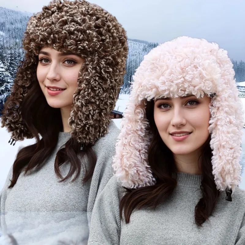 Modna czapka traperka dla dorosłych, czapka lotnicza uszanka na ekstremalne zimy, imitacja futra jagnięcego, wełniana czapka z ochroną uszu, ciepła damska czapka narciarska 8M97