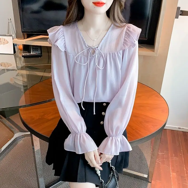 Women Ruffle Lace Up Chic Sweet Blouse Casual Solid V Neck Long Sleeve Fairy Shirt Spring Summer Loose Chiffon Top Female Blusas