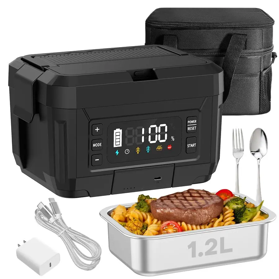 

Электрический ланч-бокс для взрослых, самонагревающийся ланч-бокс из нержавеющей стали 1,2 л со съемной перезаряжаемой батареей емкостью 20000 мАч, портативный