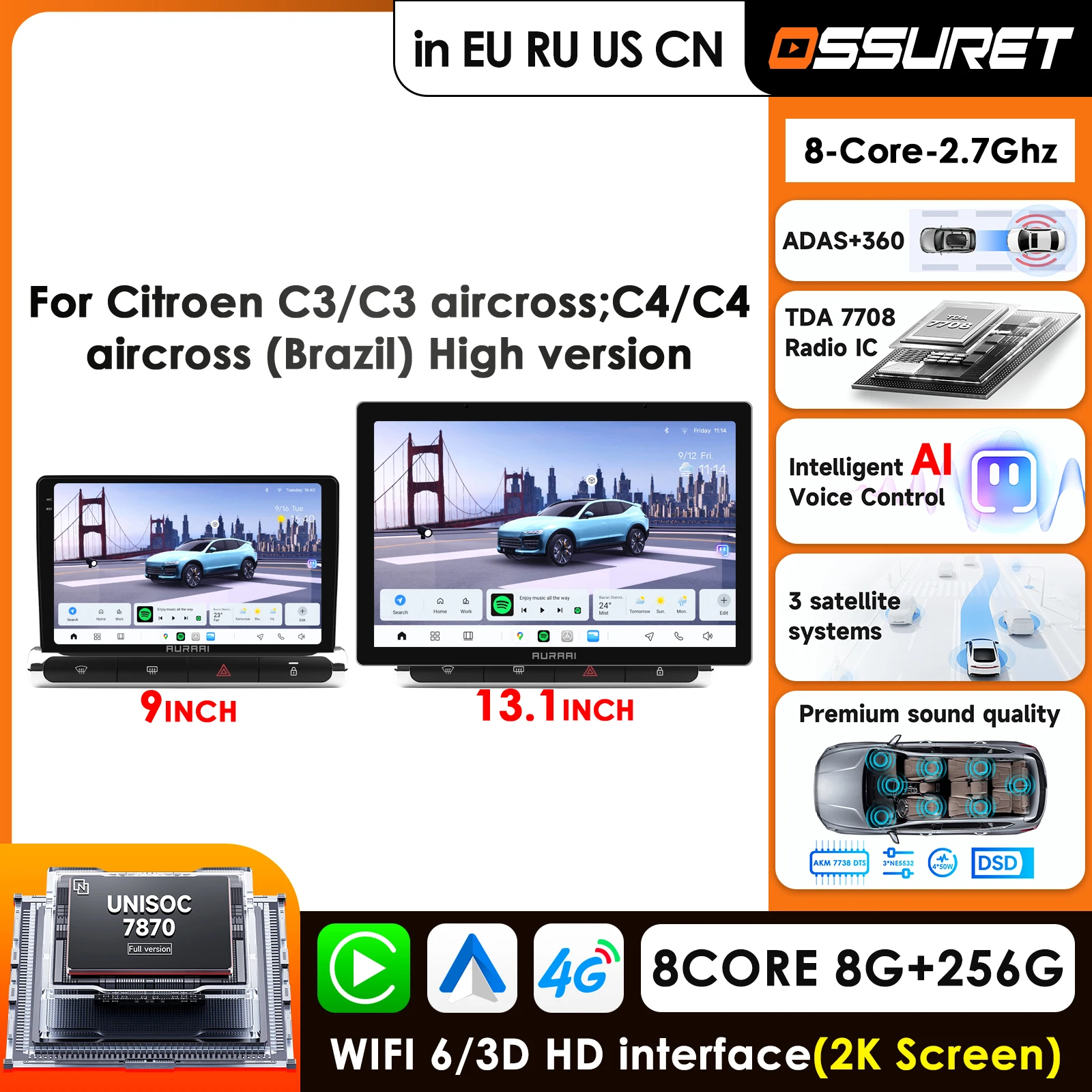 

Carplay Android Car Radio For Citroen C3/C3 aircross 2017-2023 C4/C4 Aircross Multimedia Video Player 2K Screen Autoradio Stereo