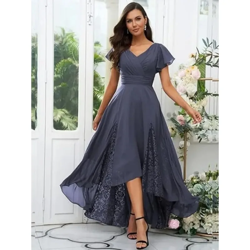 فساتين أم العروس بطول الشاي لحفلات الزفاف بأكمام مكشكشة من الشيفون فستان رسمي لوصيفة العروس #3