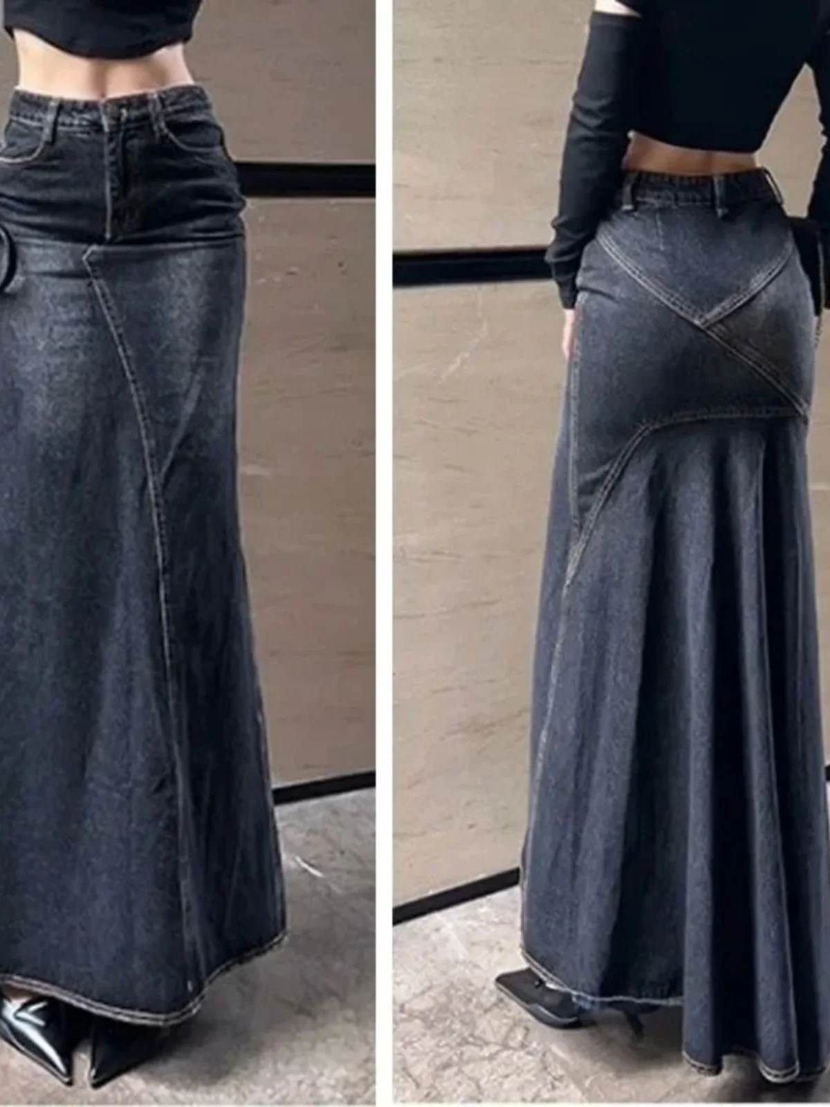 

Vintage Denim Wrap Hip Fi Tail Dr mid Waist Street Sle Long Skirt A-Line Silhouette Decorative Stitching Bodycon Fit