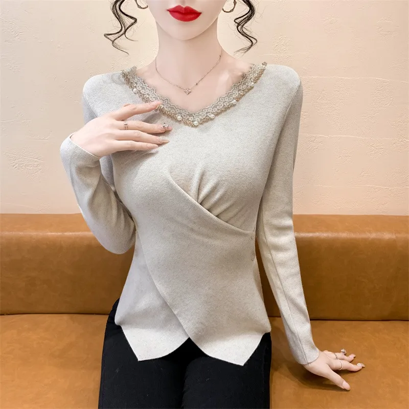 

Женский вязаный свитер с v-образным вырезом, кружевной лоскутный, с бисером, приталенная основа, корейский Sle Commute Faion Long Sve, обычная длина