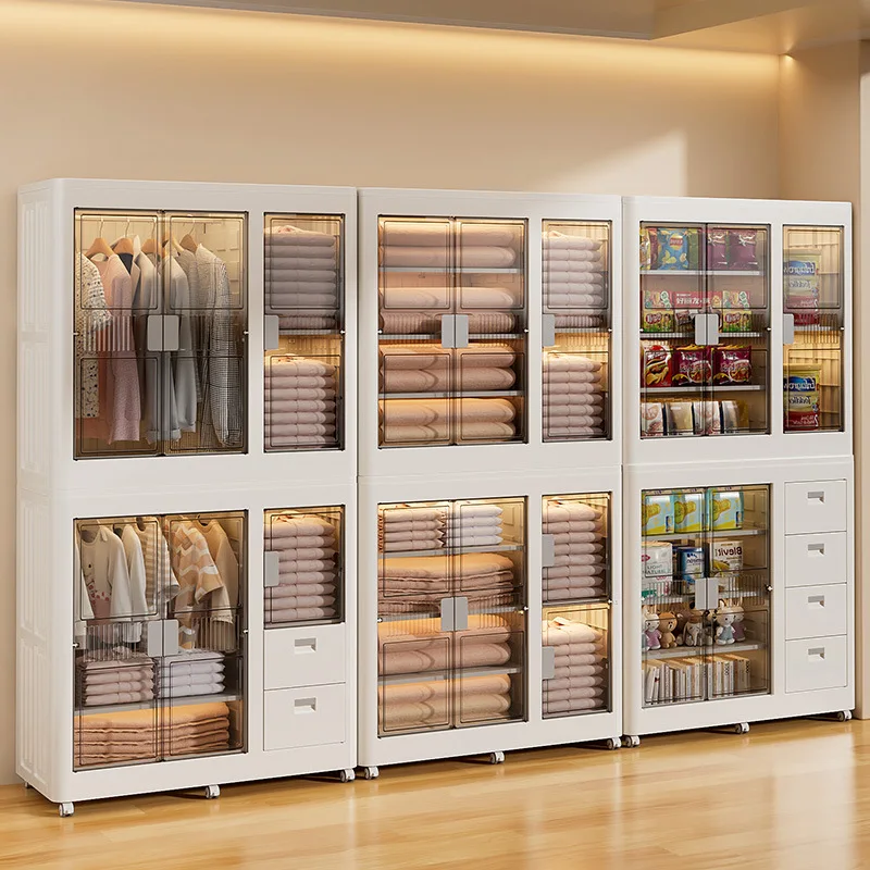 Installation-free folding storage cabinet with wheels removable household multi-layer clothing and snacks large-capacity dust-p