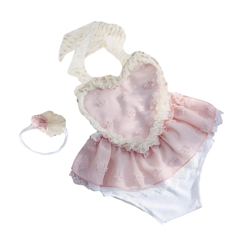 N80C Baby Girls Lace Romper with Unique Designing, Backless Photoshoots Outfit Newborns Photography Props Soft & Breathable