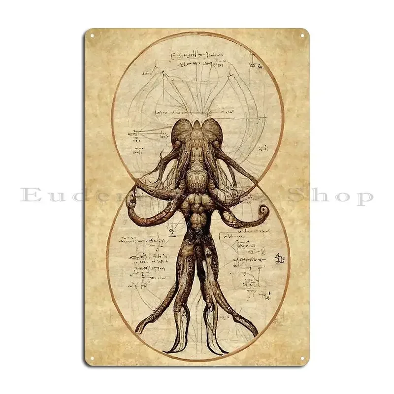 Póster de Placa Metálica de Hierro y Estaño con Diagrama Anatómico del Antiguo Monstruo Cthulhu y Hombre Vitruviano, Decoración de Pared para Sala de Estar y Pub