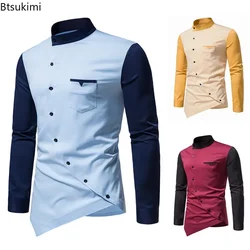 2026 Men's Casual Shirts Patchwork Irregular Oblique Button Long Sleeve Men's Dress Wedding Business Shirt Tops Chemise Homme
