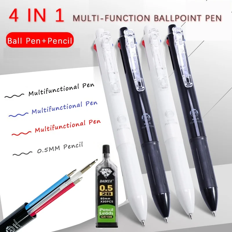 4 In 1 Multicolor Ballpoint Pens with 3 Colors Replaceable Pen Refills 1 Automatic Pencil Lead Stationery Office Writing Supply