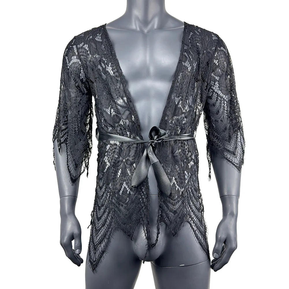 Indumenti da notte erotici ad alta elasticità Cardigan da uomo con scollo a V Cardigan nero 3 4 maniche Abbigliamento autunnale Lunghezza regolare ad alta elasticità