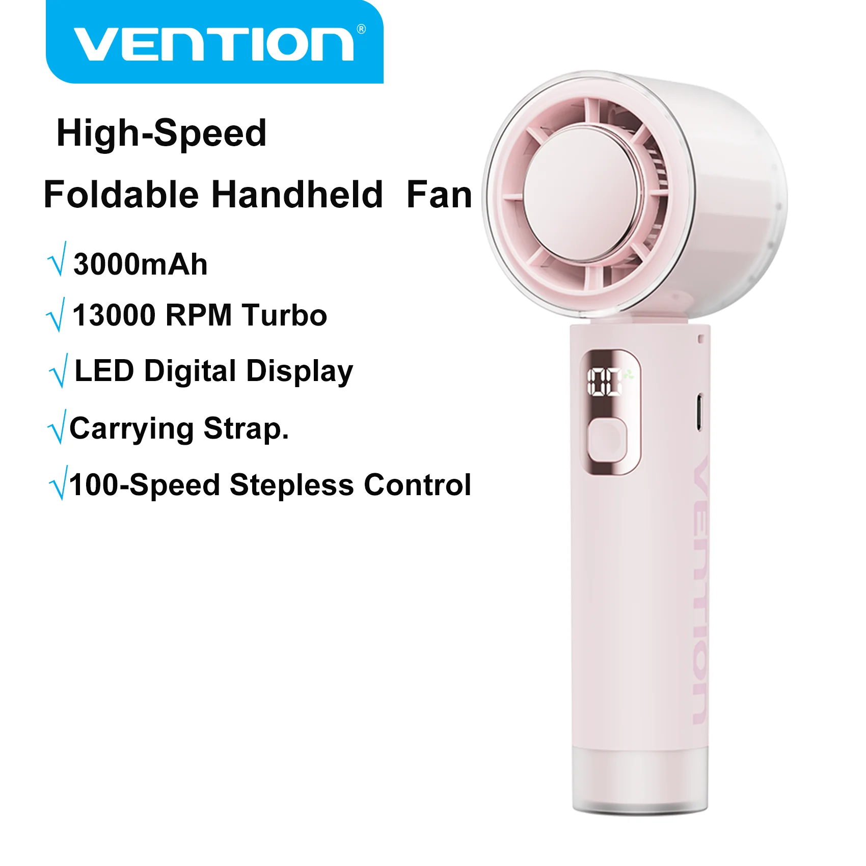 Vention Opvouwbare Koelende Handventilator 13000 RPM Borstelloze Motor 100 Hoge Snelheden LED Digitaal Display Buiten Camping Reisventilator