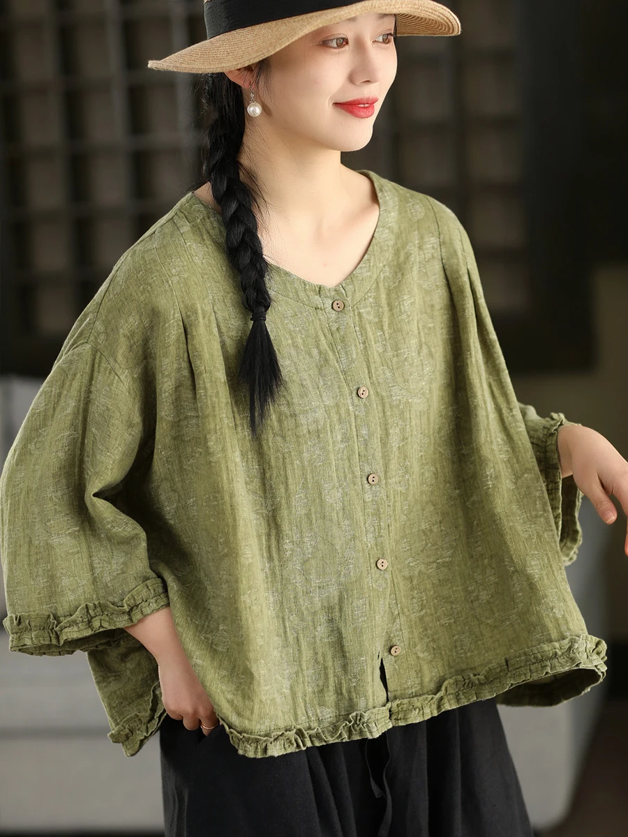 

Heavy Embroidery Linen Shirt with Wood Grain Seven Sleeve V Neck Spring Fashion Women's Loose Fit Breathable Casual Top